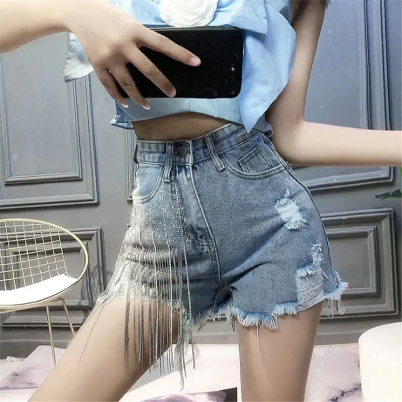 High Waist Ripped Fringe Denim Shorts Jeans
