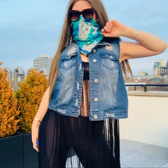 Highway Jeans Plus Distressed Oversized Blue Jacket Vest 2X