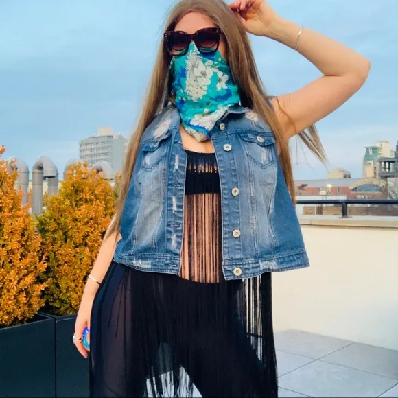 Highway Jeans Plus Distressed Oversized Blue Jacket Vest 2X