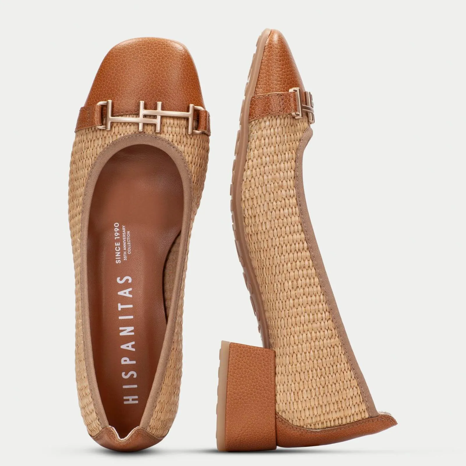 Hispanitas Tan Rafia Leather Slip On Heeled Pumps