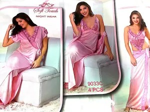 Hot Pink Bridal Nighty Set - 4 Pcs Set 9033C