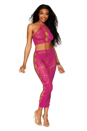 Hot Pink Mesh Crop Top and Skirt Set