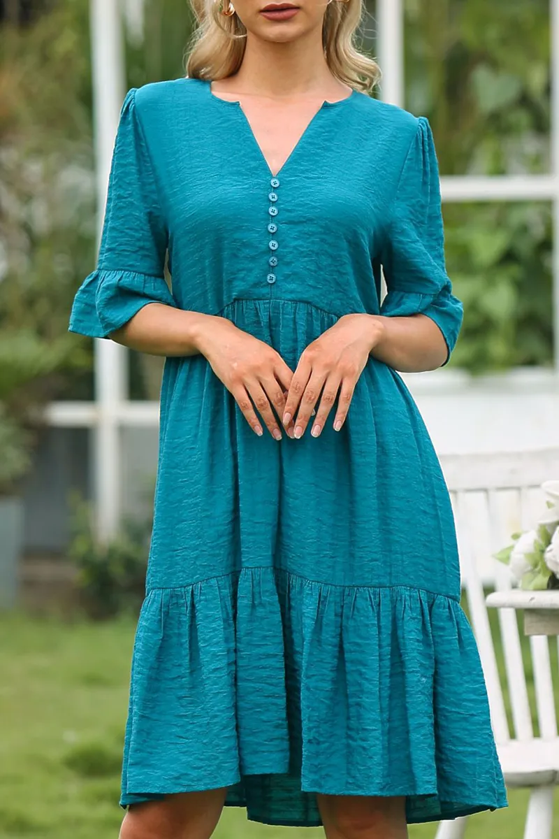 hulianfu Elegant Solid Buckle Flounce V Neck Dresses