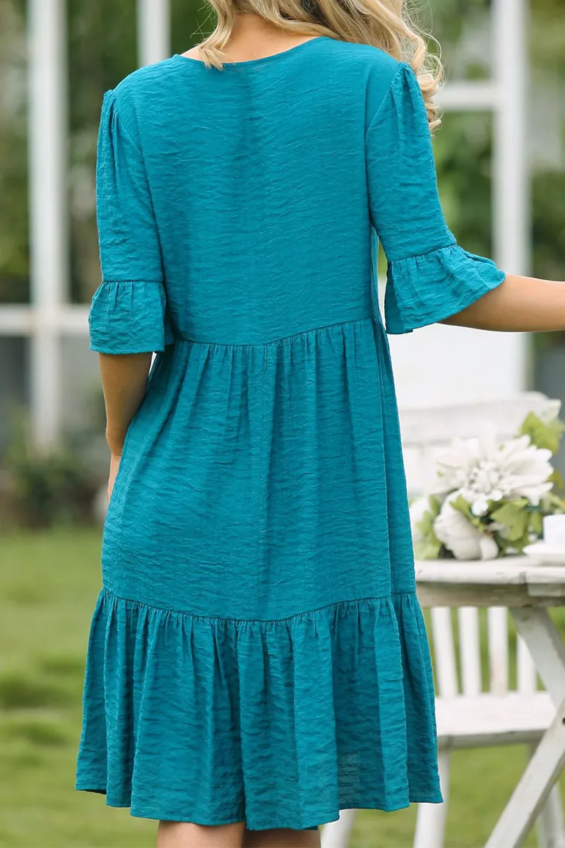 hulianfu Elegant Solid Buckle Flounce V Neck Dresses