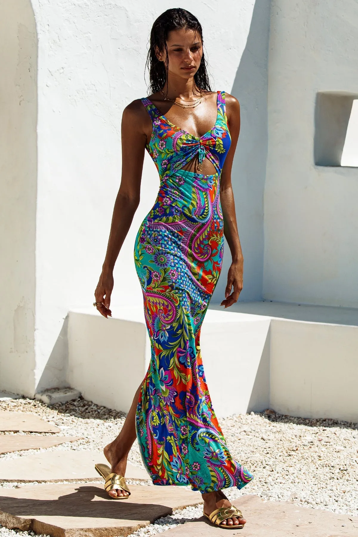 IN THE GROOVE - Drawstring Peek A Boo Maxi Dress