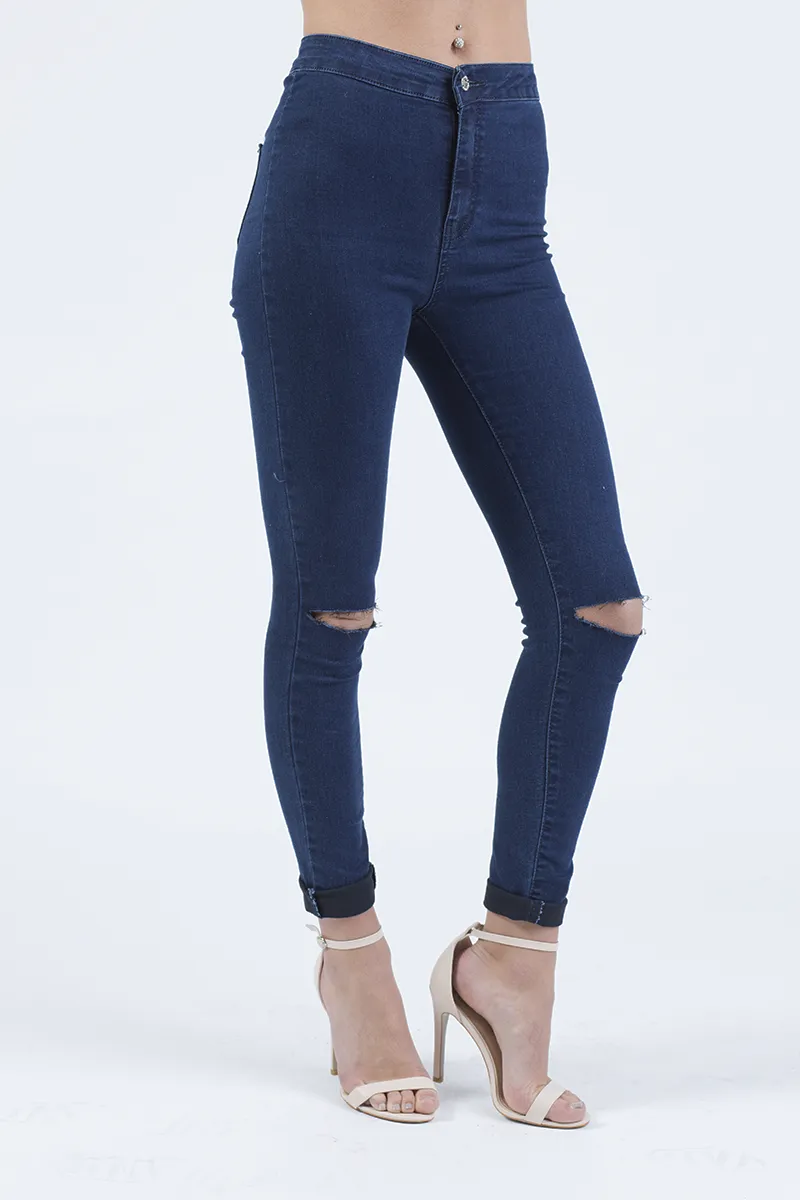 Indigo High Waisted Ripped Knee Skinny Jeans - Amara