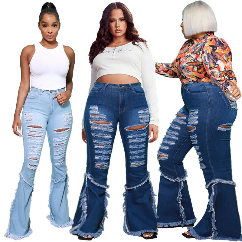 Individuality Fringed Jeans Women's Ripped Flare Bell Bottom Jeans