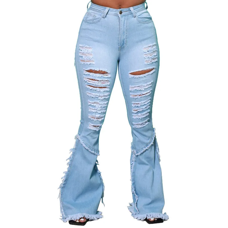 Individuality Fringed Jeans Women's Ripped Flare Bell Bottom Jeans