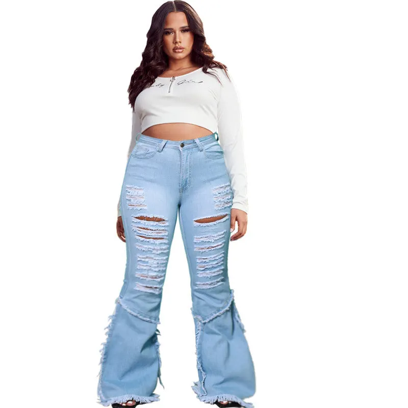 Individuality Fringed Jeans Women's Ripped Flare Bell Bottom Jeans