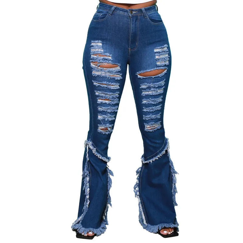 Individuality Fringed Jeans Women's Ripped Flare Bell Bottom Jeans