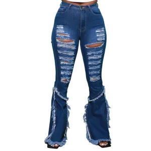 Individuality Fringed Jeans Women's Ripped Flare Bell Bottom Jeans