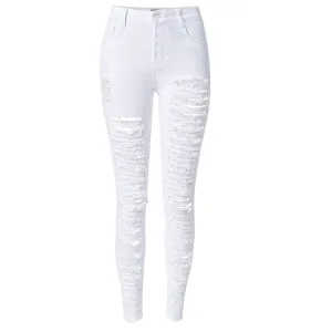 Individuality White High Waist Pencil Pants Women's Ripped Jeans