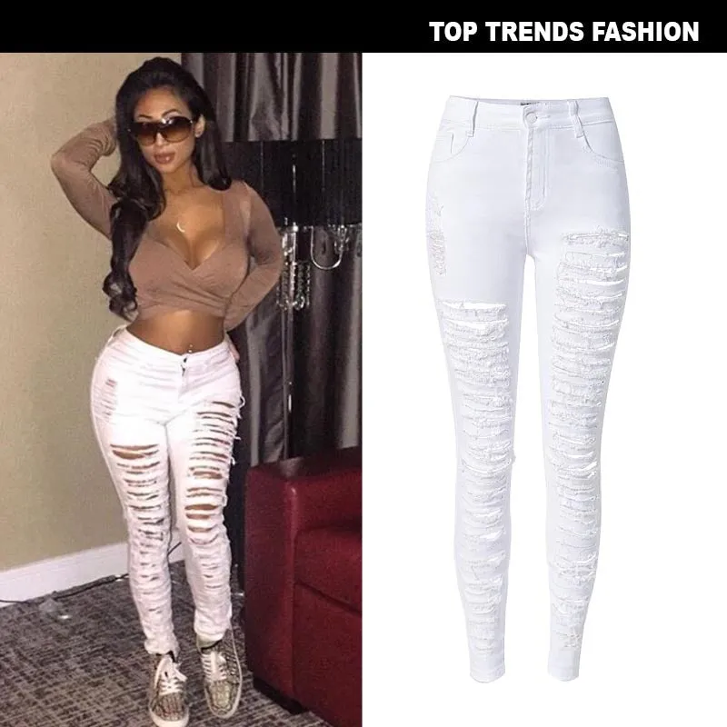 Individuality White High Waist Pencil Pants Women's Ripped Jeans