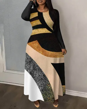 Irregular Color Contrast Geometry Print Round Neck Long Sleeve Maxi Dress
