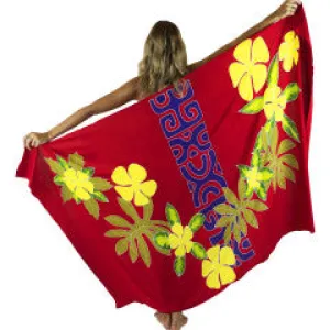 Island Style - Hand-Painted Batik Sarong - Full-Size (48" x 72") - Tahitian Plumeria - Red