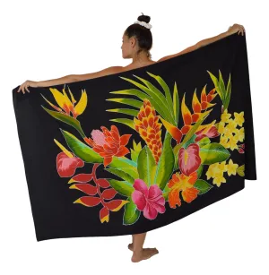 Island Style - Hand-Painted Batik Sarong - Full-Size (48" x 72") - Tropical Bouquet - Black