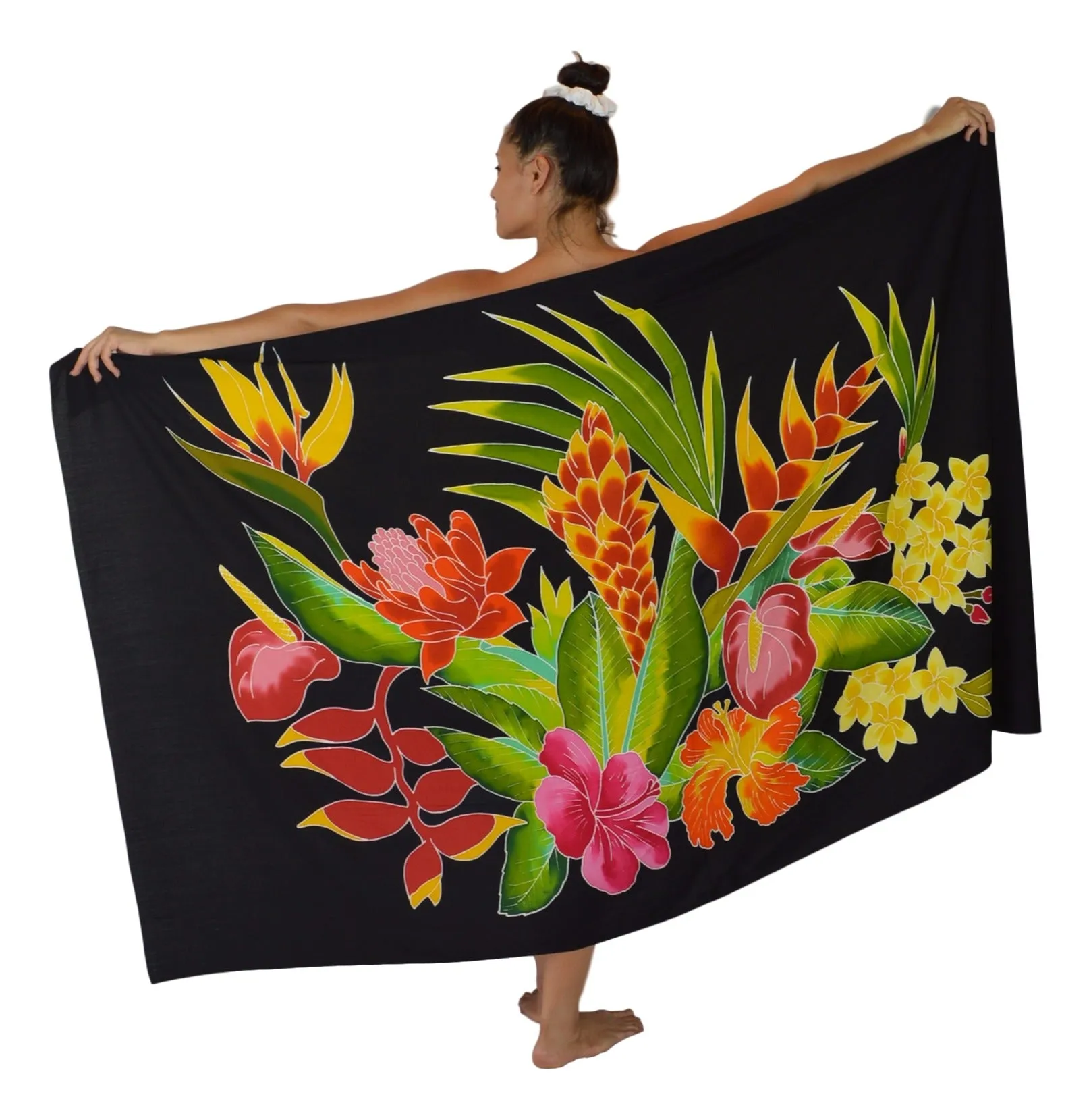 Island Style - Hand-Painted Batik Sarong - Full-Size (48" x 72") - Tropical Bouquet - Black