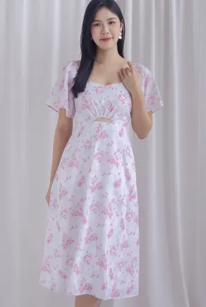 Ivy Floral Flutter Sleeve Cut Out Midi Dress In Pink