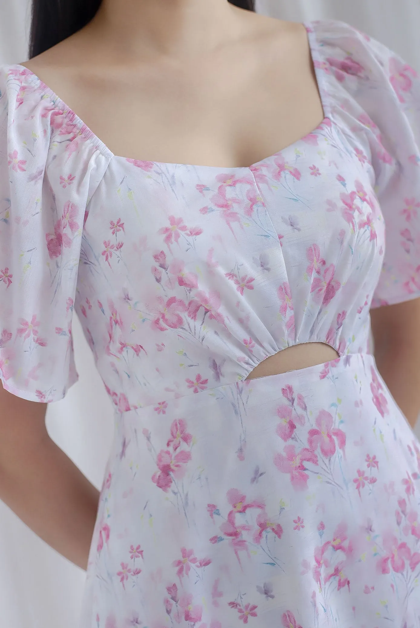 Ivy Floral Flutter Sleeve Cut Out Midi Dress In Pink