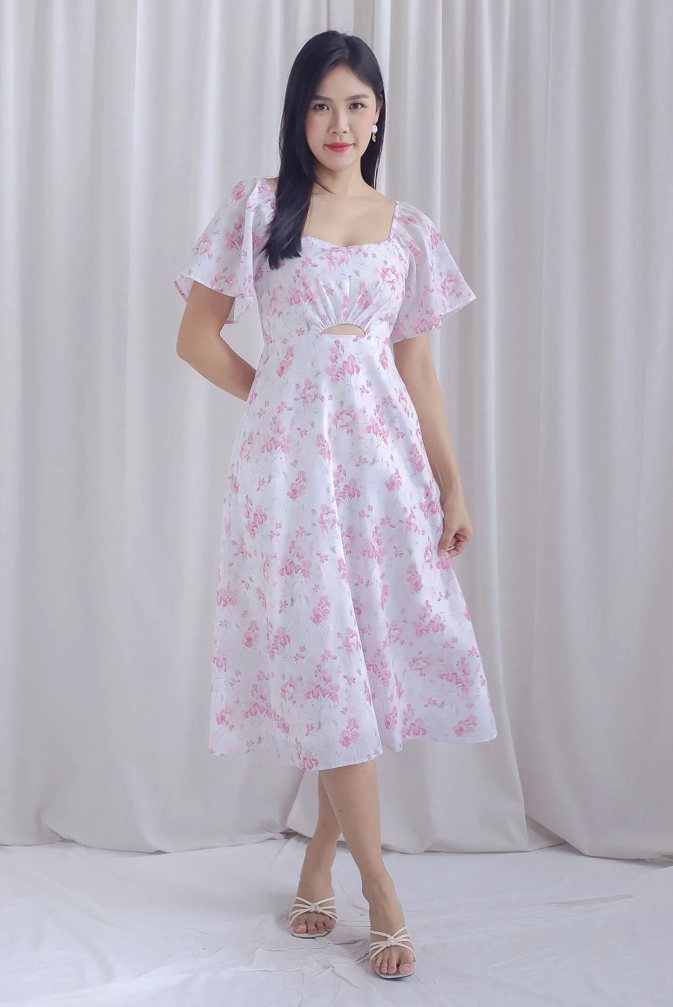 Ivy Floral Flutter Sleeve Cut Out Midi Dress In Pink