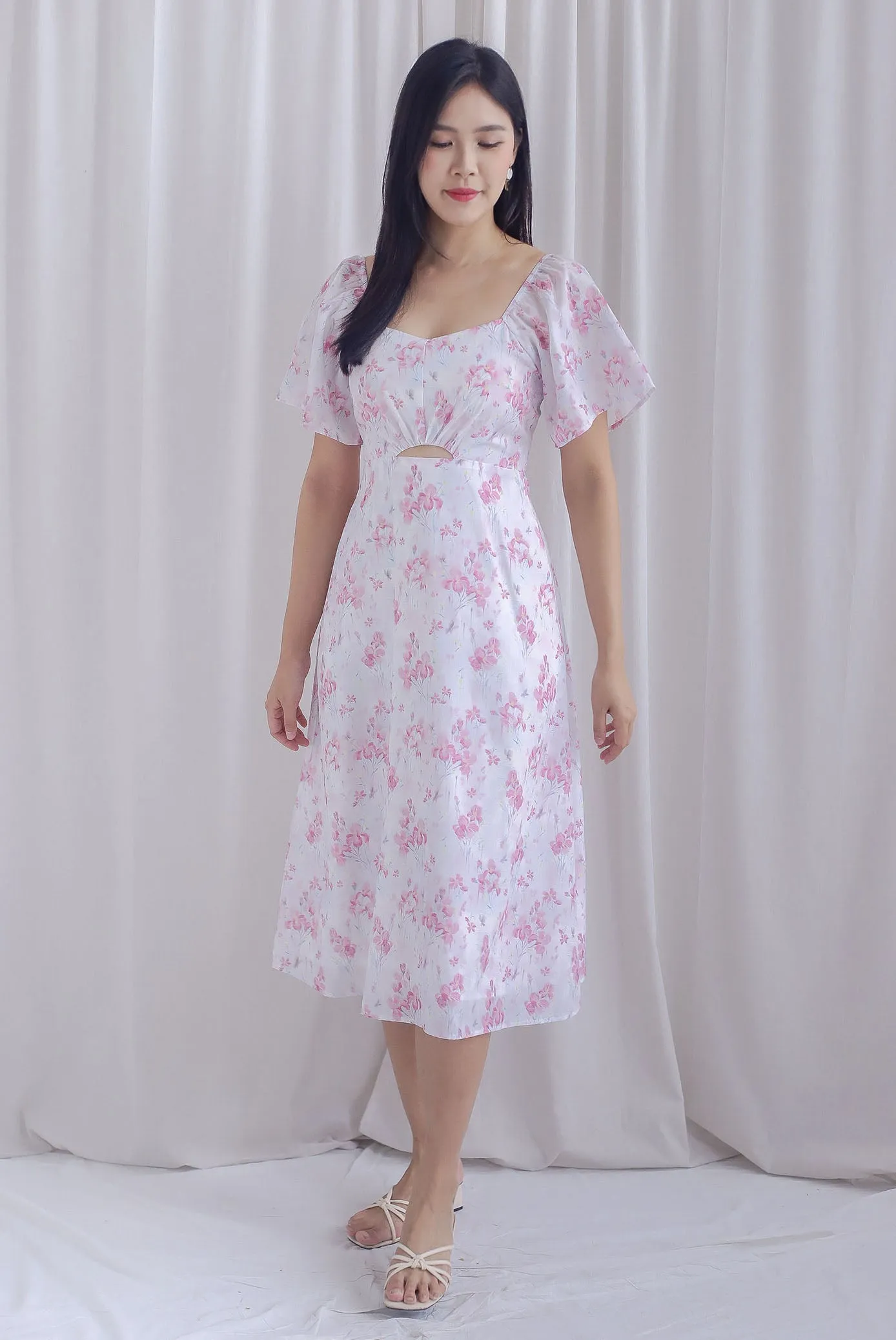 Ivy Floral Flutter Sleeve Cut Out Midi Dress In Pink