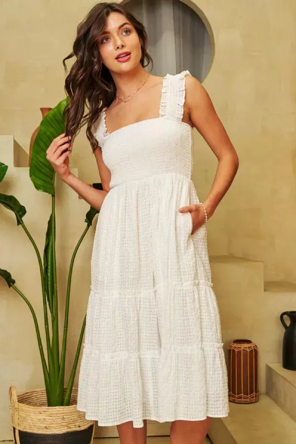 JACQUARD CHECKER SMOCKING TIERED MIDI DRESS