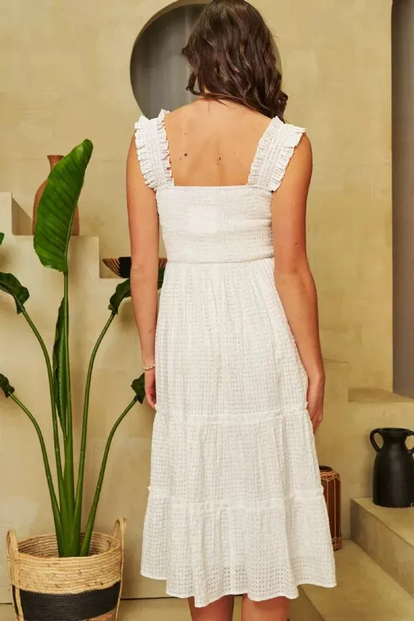 JACQUARD CHECKER SMOCKING TIERED MIDI DRESS