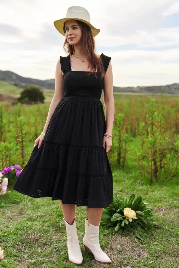 JACQUARD CHECKER SMOCKING TIERED MIDI DRESS