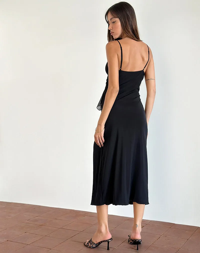 Jacy Ruffle Midi Dress in Mesh Black