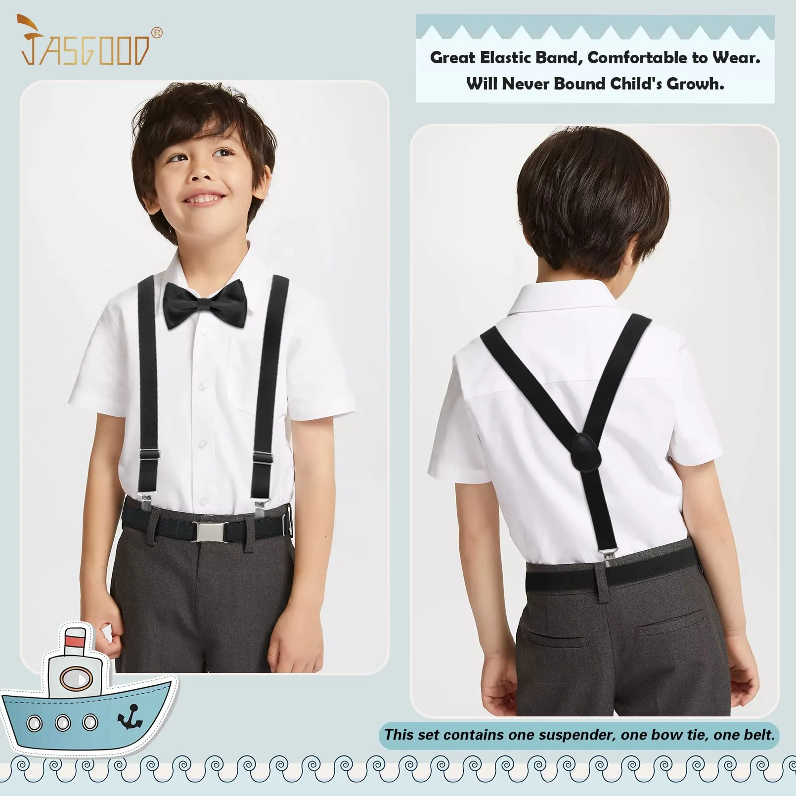 JASGOOD Child Kids Suspenders Bowtie Set Adjustable Suspender Set for Boys and Girls with Elastic Stretch Waist Belt Set