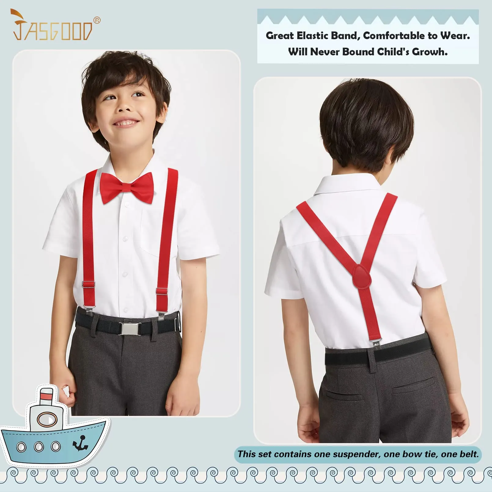 JASGOOD Child Kids Suspenders Bowtie Set Adjustable Suspender Set for Boys and Girls with Elastic Stretch Waist Belt Set