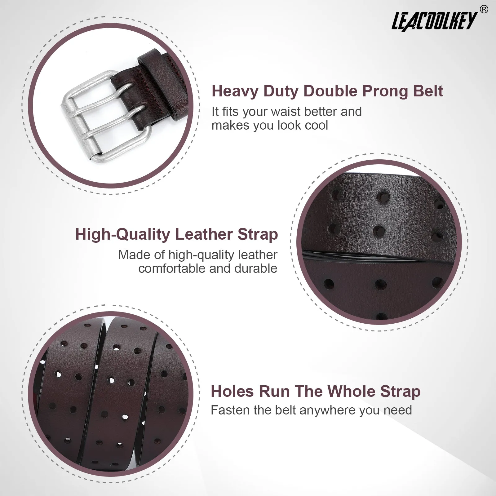 JASGOOD Double Prong Belt for Men PU Leather Work Belts for Jeans 2 Hole Leather Belts for Men-Casual Leather Belt for Pants