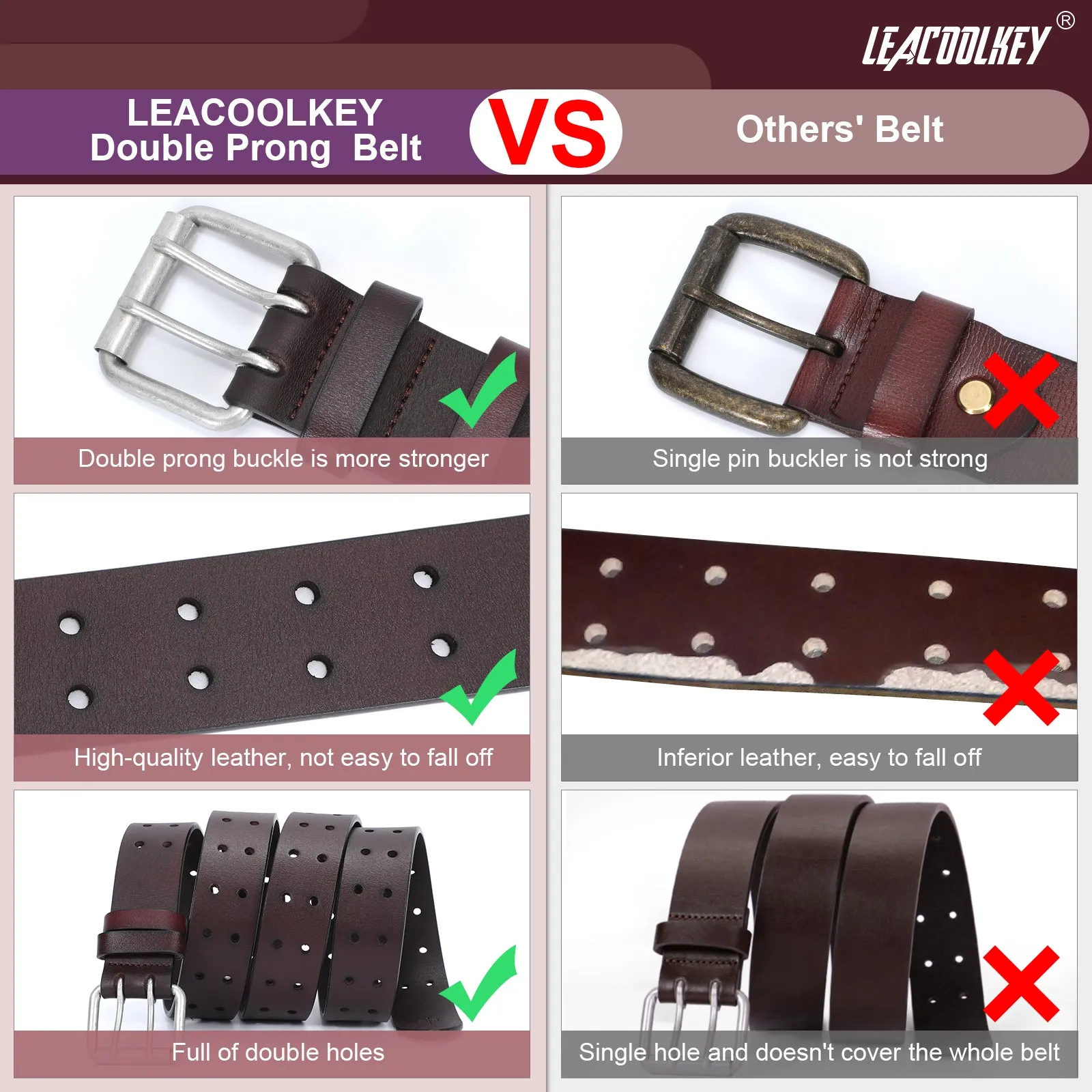 JASGOOD Double Prong Belt for Men PU Leather Work Belts for Jeans 2 Hole Leather Belts for Men-Casual Leather Belt for Pants