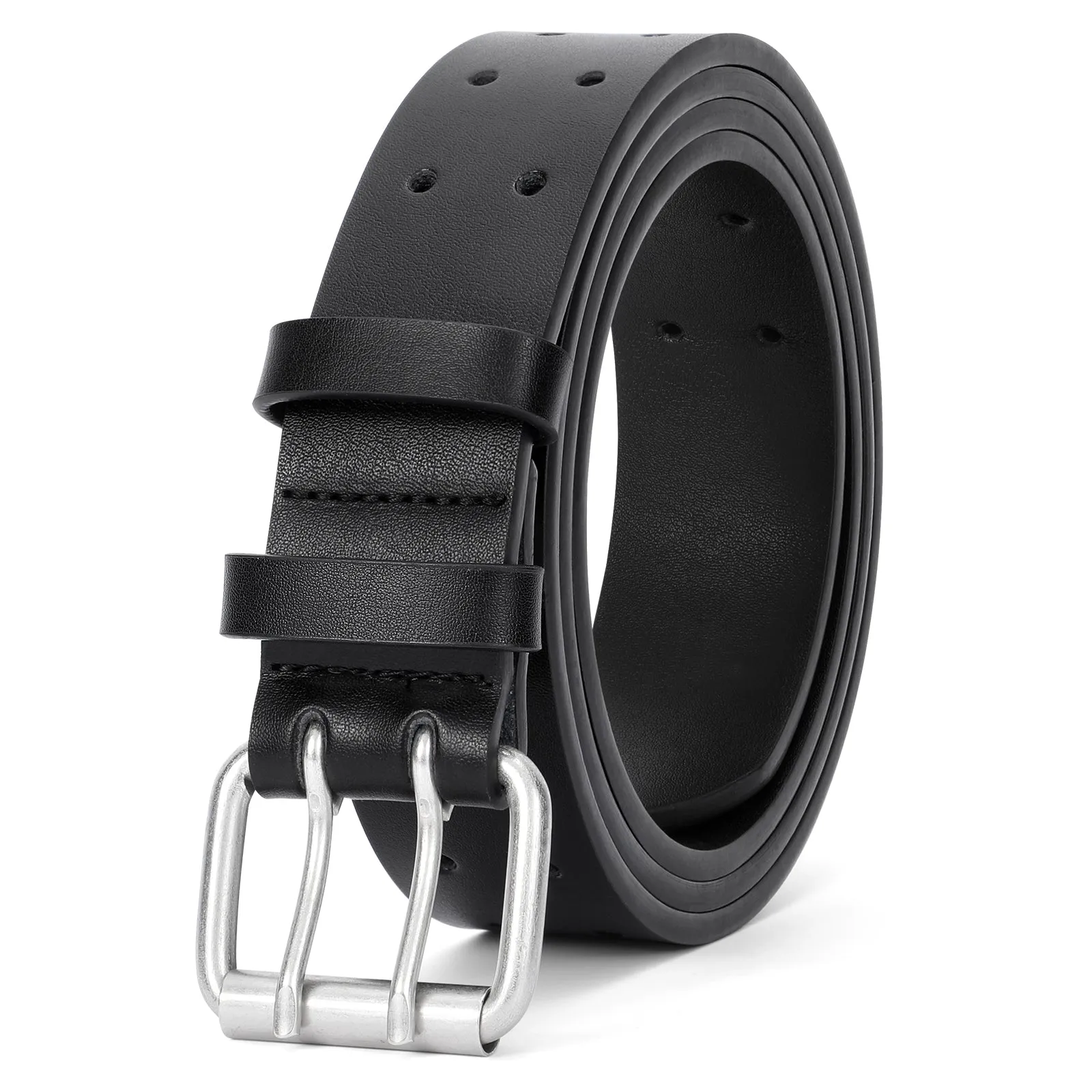 JASGOOD Double Prong Belt for Men PU Leather Work Belts for Jeans 2 Hole Leather Belts for Men-Casual Leather Belt for Pants