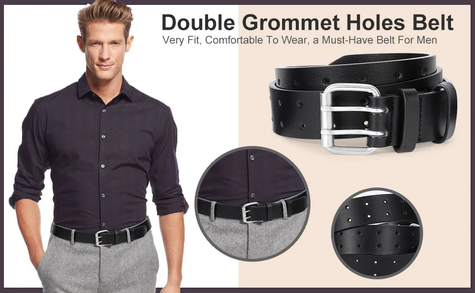JASGOOD Double Prong Belt for Men PU Leather Work Belts for Jeans 2 Hole Leather Belts for Men-Casual Leather Belt for Pants
