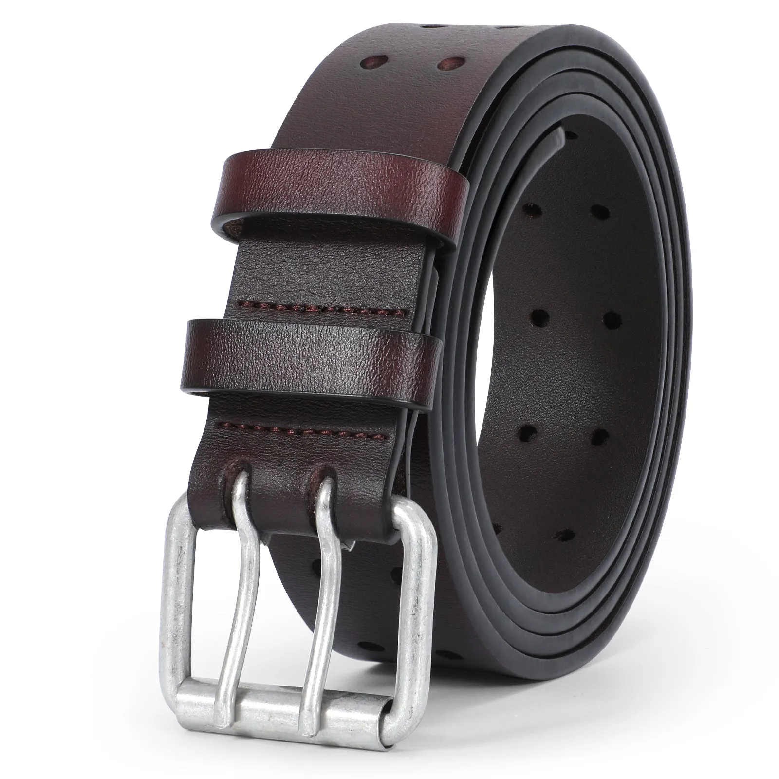 JASGOOD Double Prong Belt for Men PU Leather Work Belts for Jeans 2 Hole Leather Belts for Men-Casual Leather Belt for Pants