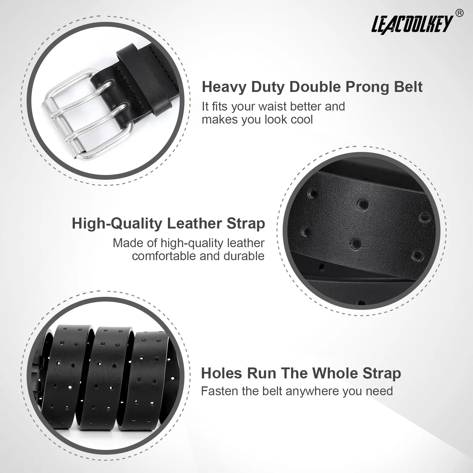 JASGOOD Double Prong Belt for Men PU Leather Work Belts for Jeans 2 Hole Leather Belts for Men-Casual Leather Belt for Pants