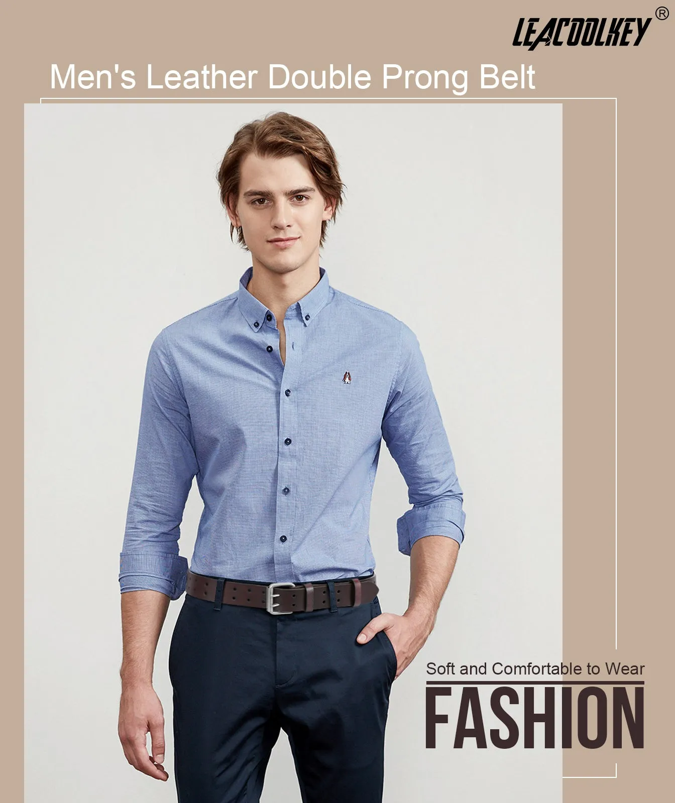 JASGOOD Double Prong Belt for Men PU Leather Work Belts for Jeans 2 Hole Leather Belts for Men-Casual Leather Belt for Pants