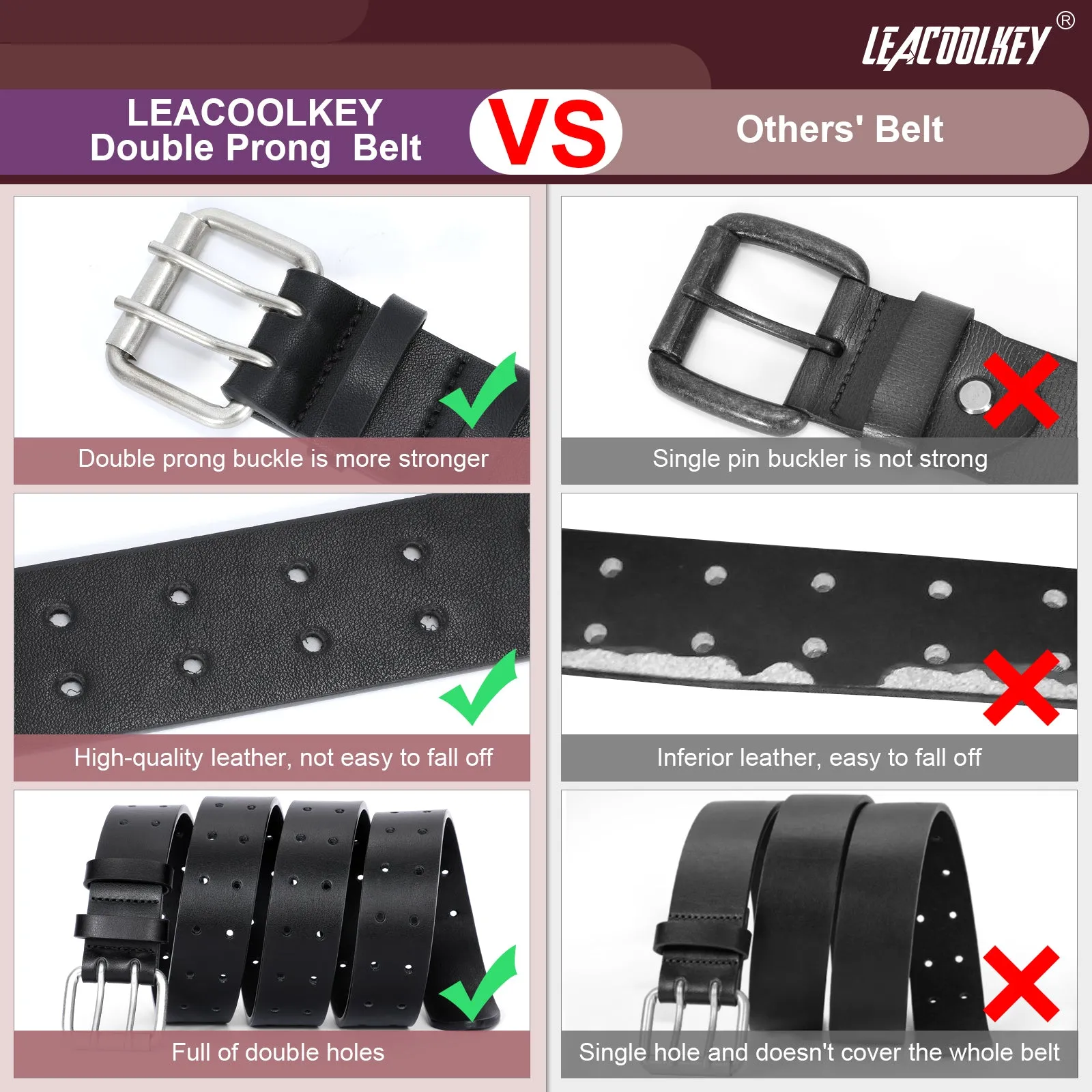 JASGOOD Double Prong Belt for Men PU Leather Work Belts for Jeans 2 Hole Leather Belts for Men-Casual Leather Belt for Pants