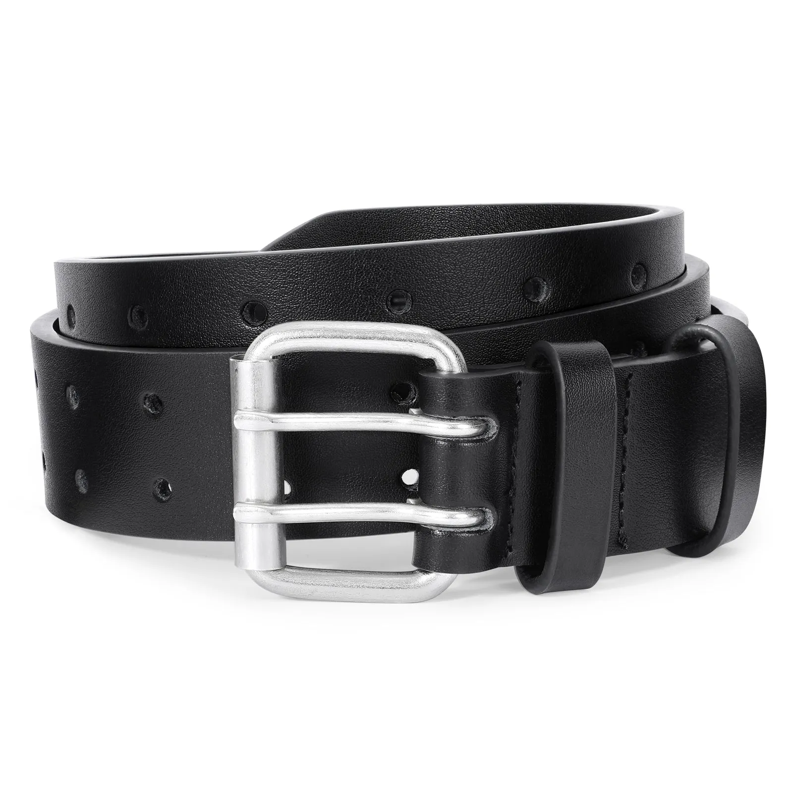 JASGOOD Double Prong Belt for Men PU Leather Work Belts for Jeans 2 Hole Leather Belts for Men-Casual Leather Belt for Pants