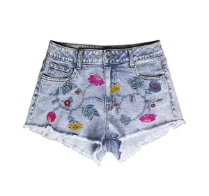 JENNA - Flower Embroidered Ripped High Waist Denim Jeans Shorts