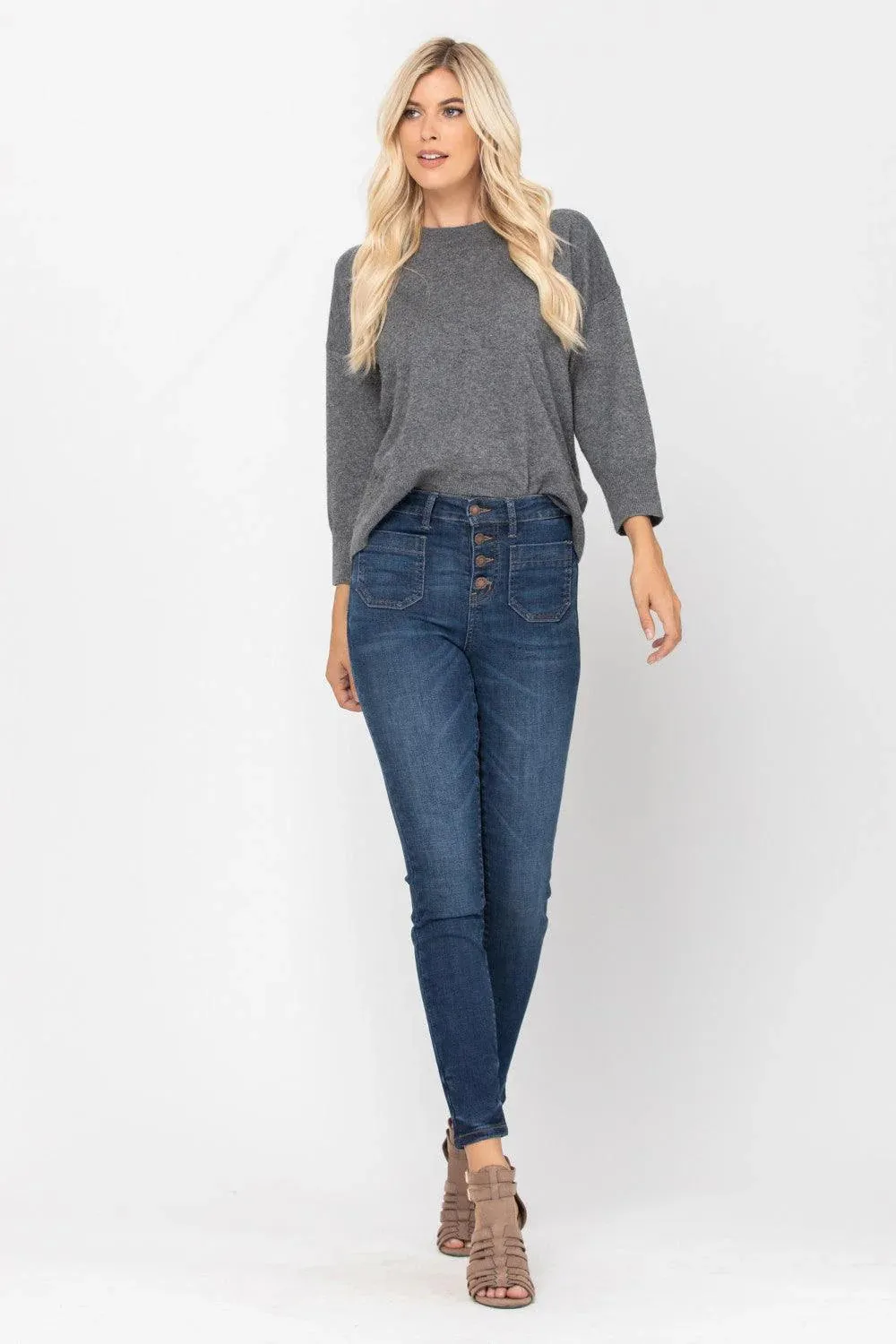 Judy Blue High Waisted Patch Pocket Skinny Jeans Dark Blue