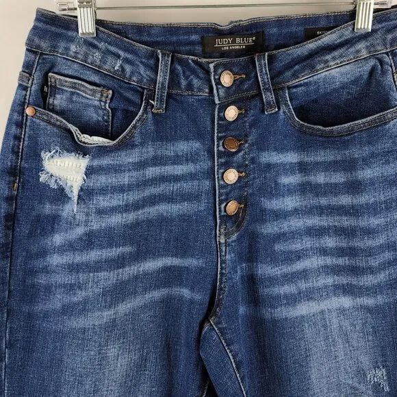 Judy Blue Jeans Women Plus 14W Blue Mid Rise Skinny Fit Distress Button Fly