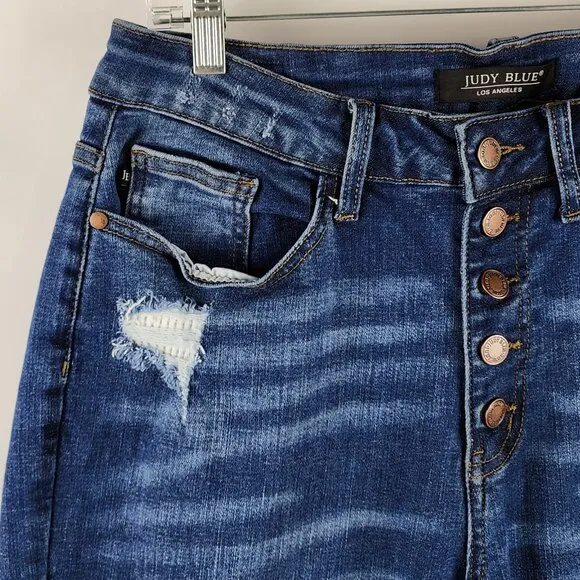 Judy Blue Jeans Women Plus 14W Blue Mid Rise Skinny Fit Distress Button Fly