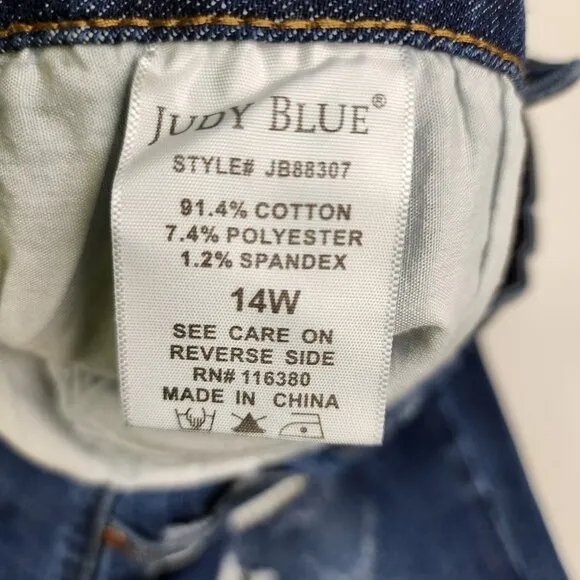 Judy Blue Jeans Women Plus 14W Blue Mid Rise Skinny Fit Distress Button Fly