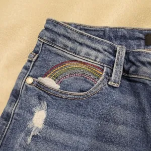 Judy Blue High Rise Rainbow Embroidery Cropped Straight Leg Jeans, sz 29