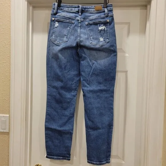 Judy Blue High Rise Rainbow Embroidery Cropped Straight Leg Jeans, sz 29