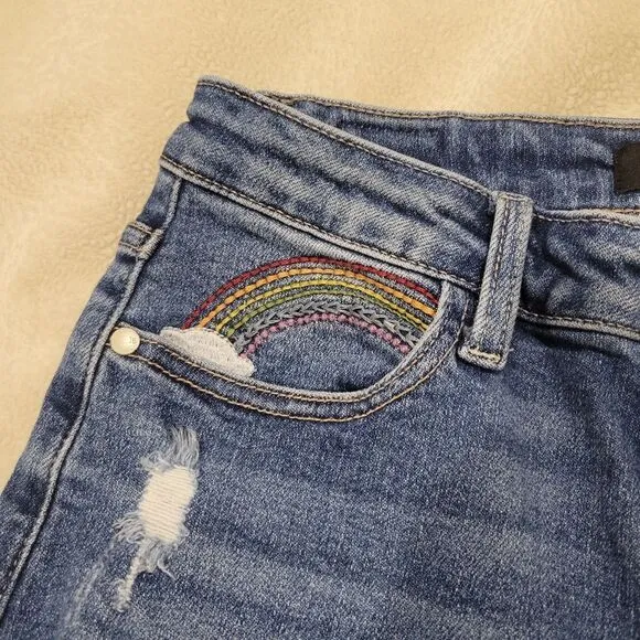 Judy Blue High Rise Rainbow Embroidery Cropped Straight Leg Jeans, sz 29