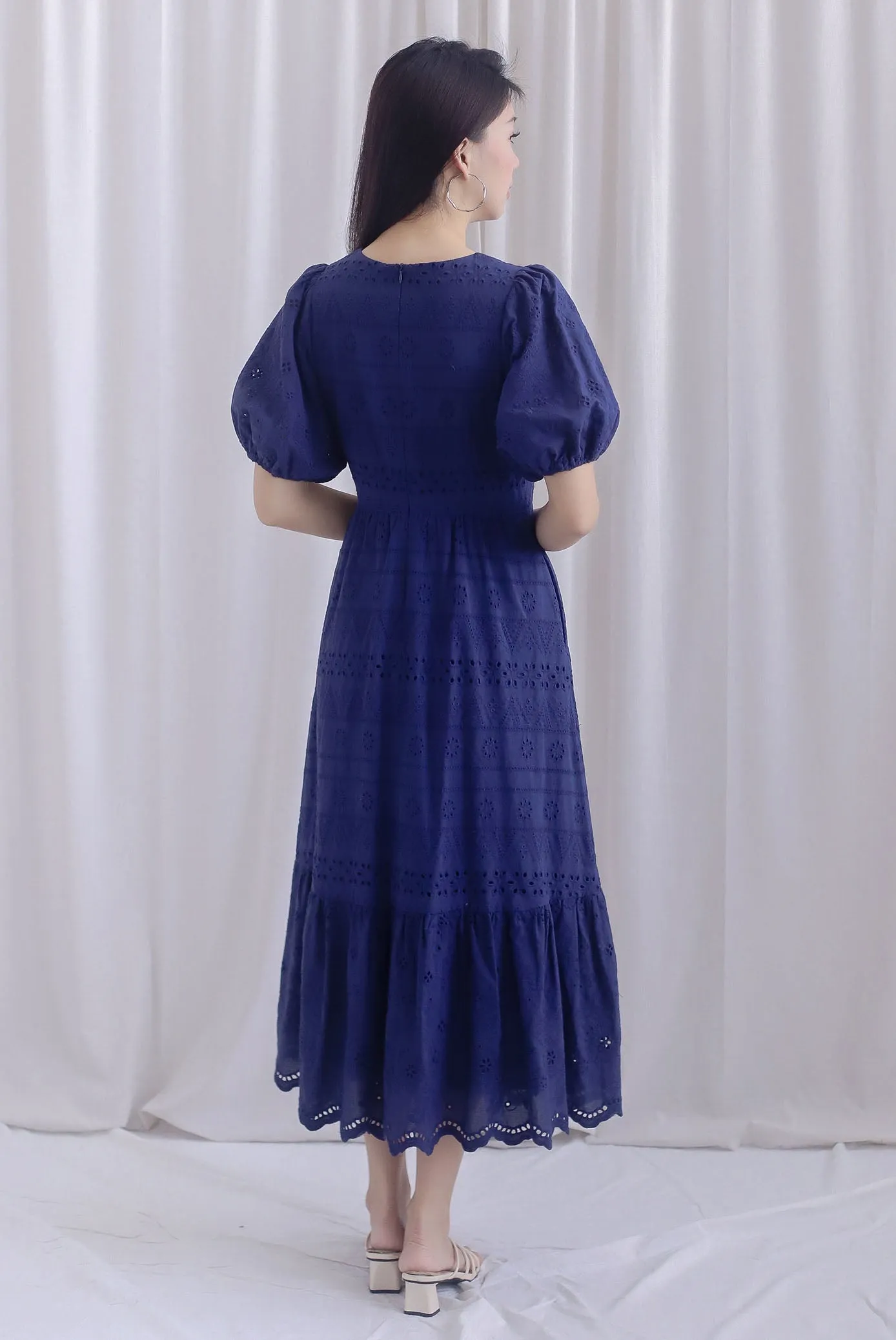Juliette Eyelet Puffy Sleeve V Neck Midi Dress In Navy Blue