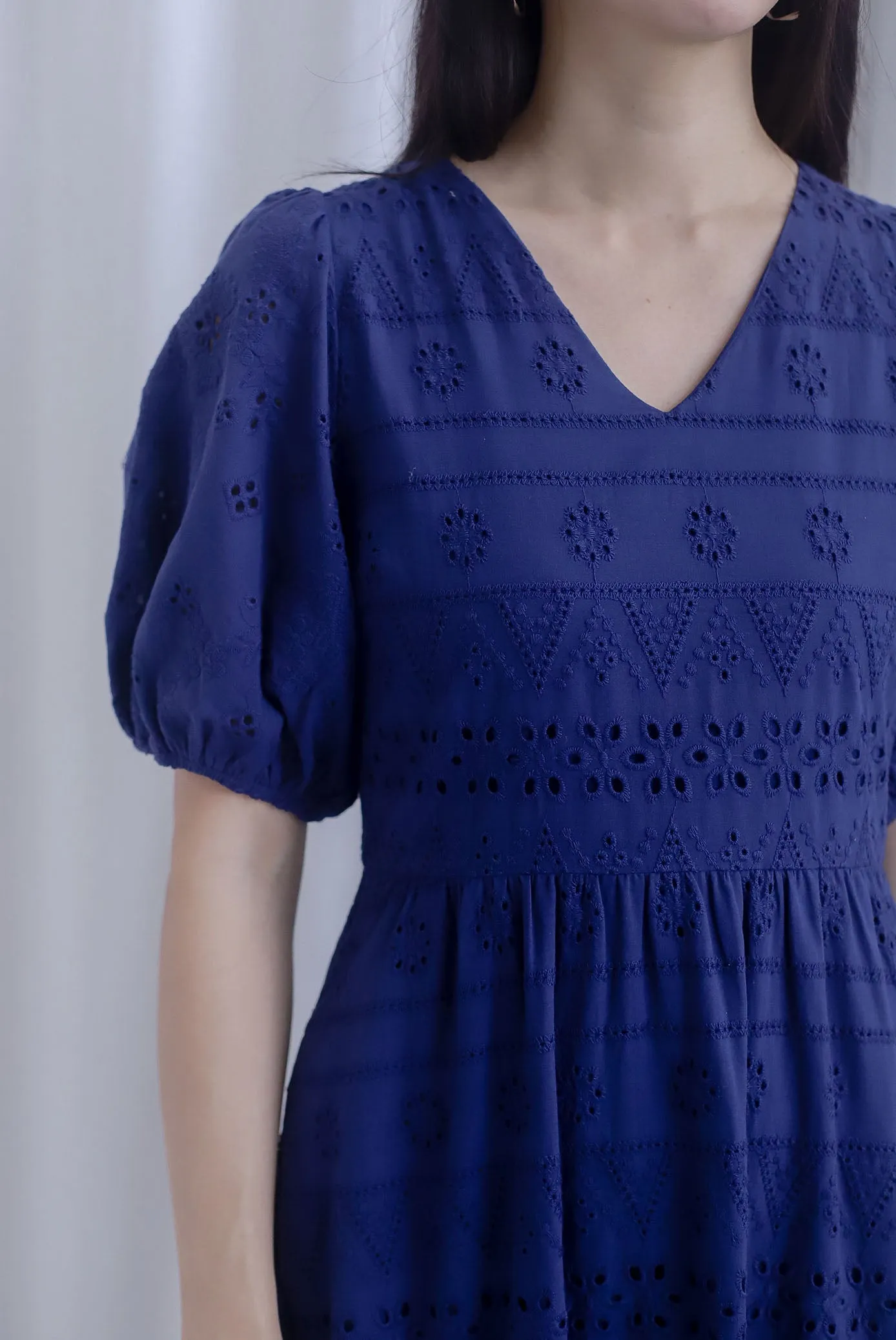 Juliette Eyelet Puffy Sleeve V Neck Midi Dress In Navy Blue